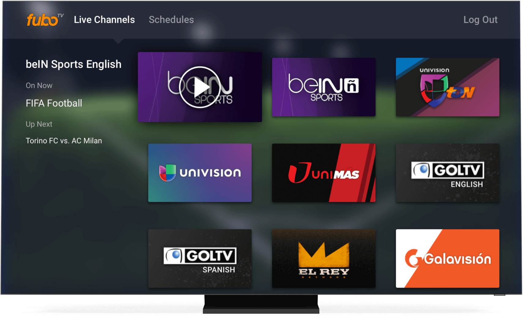 fuboTV:s startsk&auml;rm p&aring; en smart TV.